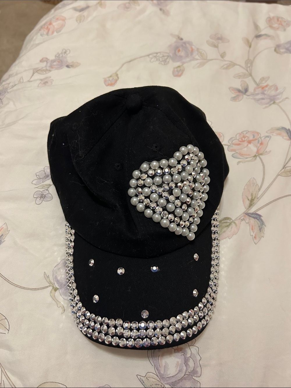 Y2K Black Pearl & Rhinestone Heart Baseball Cap by Capelli